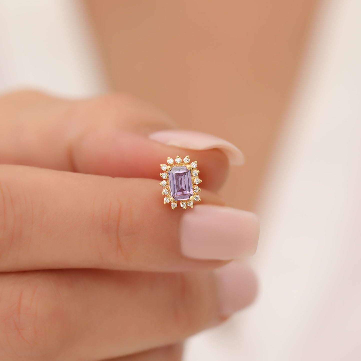 Alexandrite Rectangle Halo Stud Earrings surrounded by Real Diamonds in 10K/14K Solid Gold, June Birthstone Jewelry
