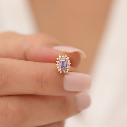 Alexandrite Rectangle Halo Stud Earrings surrounded by Real Diamonds in 10K/14K Solid Gold, June Birthstone Jewelry