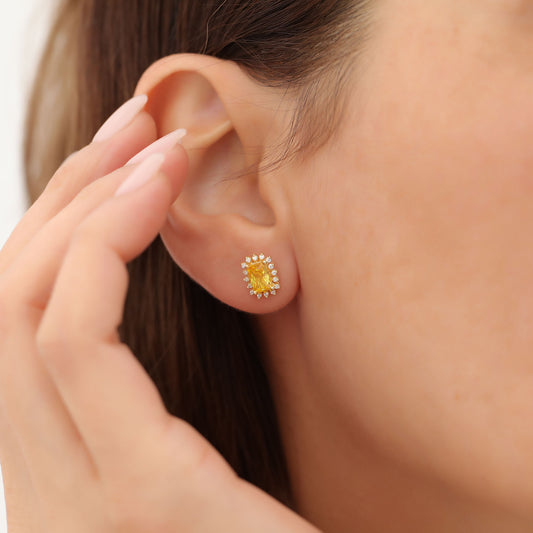 Yellow Topaz Rectangle Halo Stud Earrings surrounded by Real Diamonds in 10K/14K Solid Gold, Birthstone Jewelry