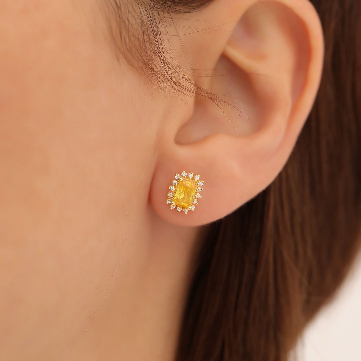 Yellow Topaz Rectangle Halo Stud Earrings surrounded by Real Diamonds in 10K/14K Solid Gold, Birthstone Jewelry