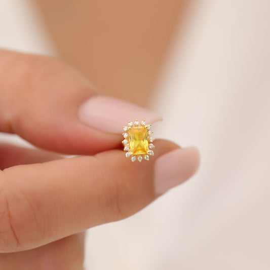 Yellow Topaz Rectangle Halo Stud Earrings surrounded by Real Diamonds in 10K/14K Solid Gold, Birthstone Jewelry
