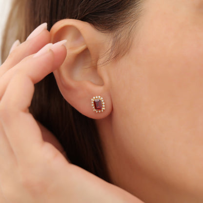 Garnet Rectangle Halo Stud Earrings surrounded by Real Diamonds in 10K/14K Solid Gold, January Birthstone Jewelry