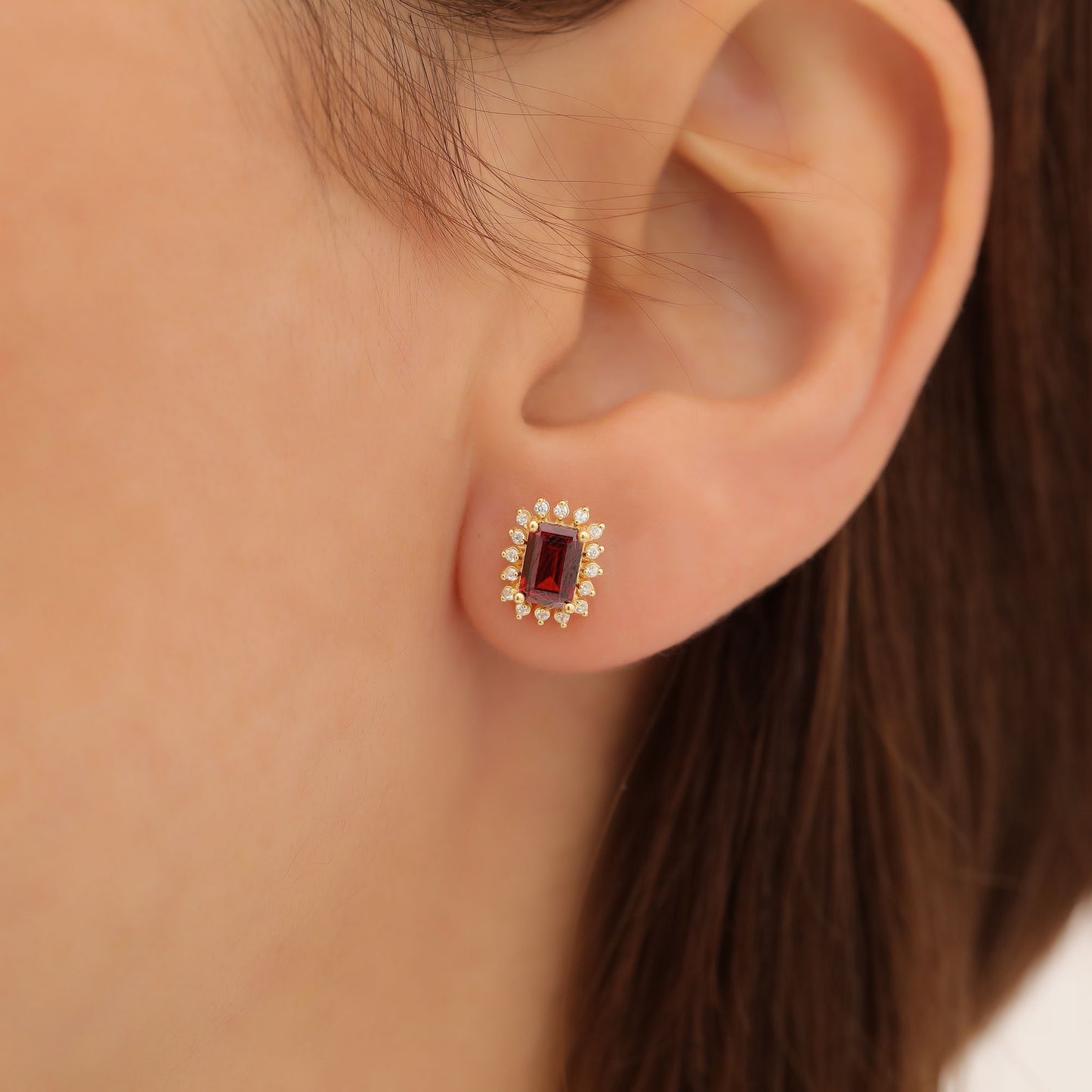 Garnet Rectangle Halo Stud Earrings surrounded by Real Diamonds in 10K/14K Solid Gold, January Birthstone Jewelry