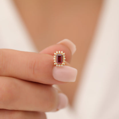 Garnet Rectangle Halo Stud Earrings surrounded by Real Diamonds in 10K/14K Solid Gold, January Birthstone Jewelry