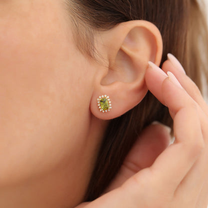 Peridot Rectangle Halo Stud Earrings surrounded by Real Diamonds in 10K/14K Solid Gold, August Birthstone Jewelry