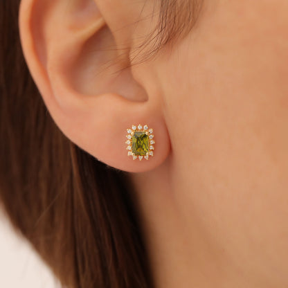 Peridot Rectangle Halo Stud Earrings surrounded by Real Diamonds in 10K/14K Solid Gold, August Birthstone Jewelry