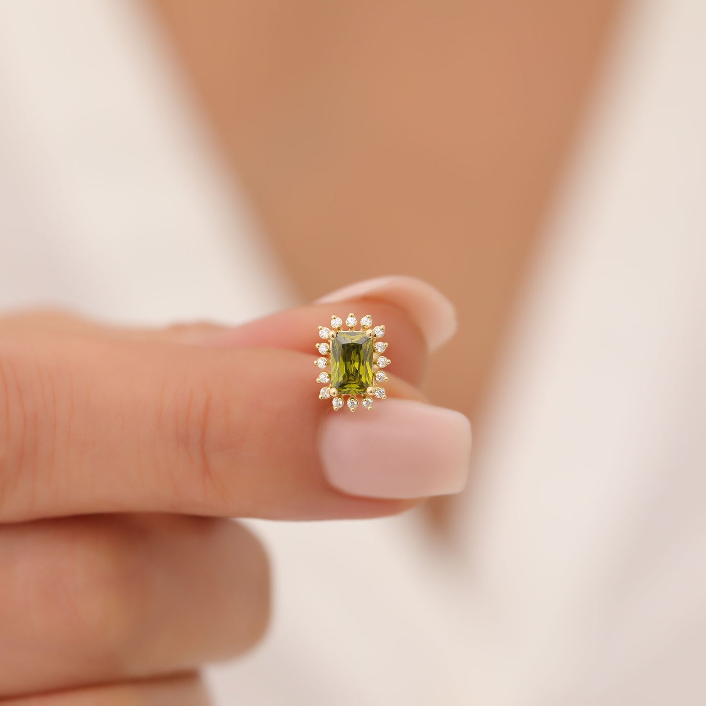 Peridot Rectangle Halo Stud Earrings surrounded by Real Diamonds in 10K/14K Solid Gold, August Birthstone Jewelry