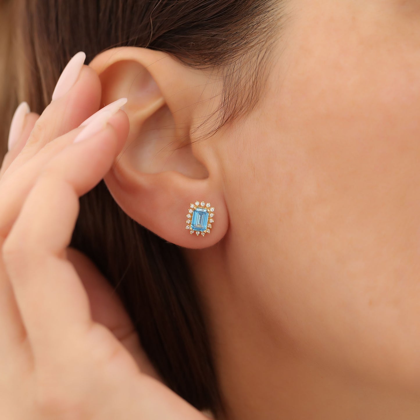 Blue Topaz Rectangle Halo Stud Earrings surrounded by Real Diamonds in 10K/14K Solid Gold, December Birthstone Jewelry