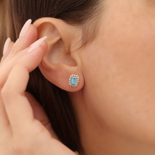 Blue Topaz Rectangle Halo Stud Earrings surrounded by Real Diamonds in 10K/14K Solid Gold, December Birthstone Jewelry