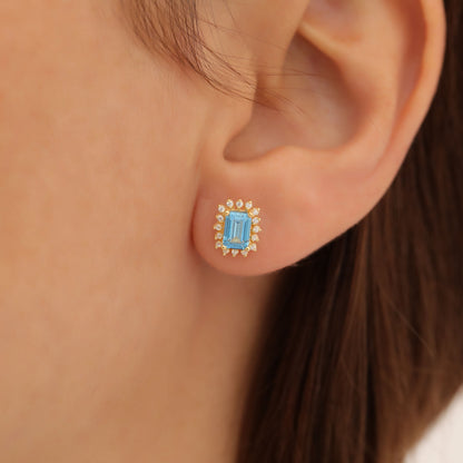 Blue Topaz Rectangle Halo Stud Earrings surrounded by Real Diamonds in 10K/14K Solid Gold, December Birthstone Jewelry