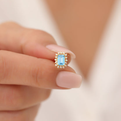 Blue Topaz Rectangle Halo Stud Earrings surrounded by Real Diamonds in 10K/14K Solid Gold, December Birthstone Jewelry