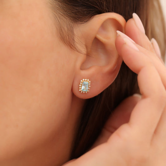 Aquamarine Rectangle Halo Stud Earrings surrounded by Real Diamonds in 10K/14K Solid Gold, March Birthstone Jewelry