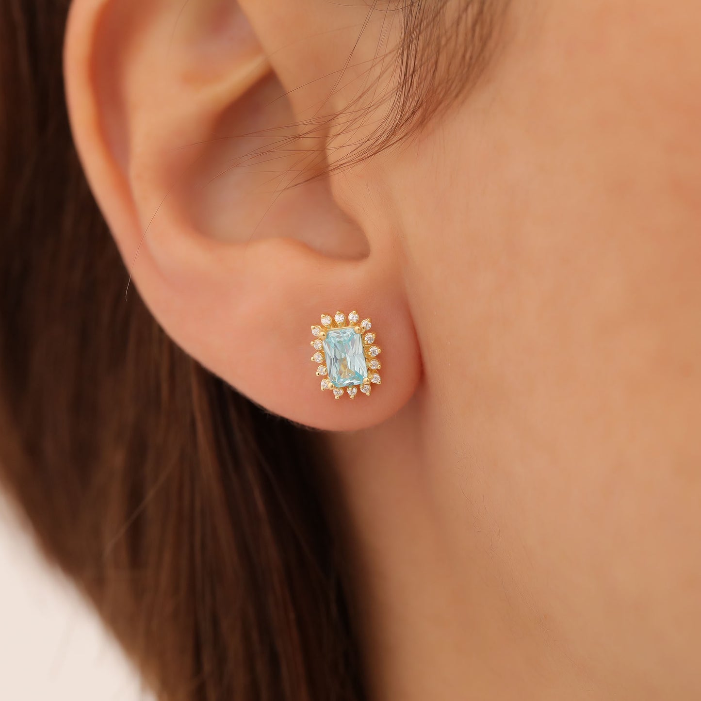 Aquamarine Rectangle Halo Stud Earrings surrounded by Real Diamonds in 10K/14K Solid Gold, March Birthstone Jewelry