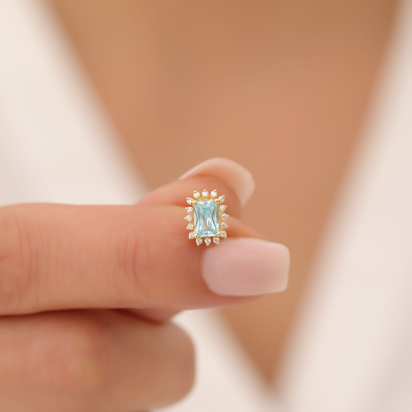Aquamarine Rectangle Halo Stud Earrings surrounded by Real Diamonds in 10K/14K Solid Gold, March Birthstone Jewelry