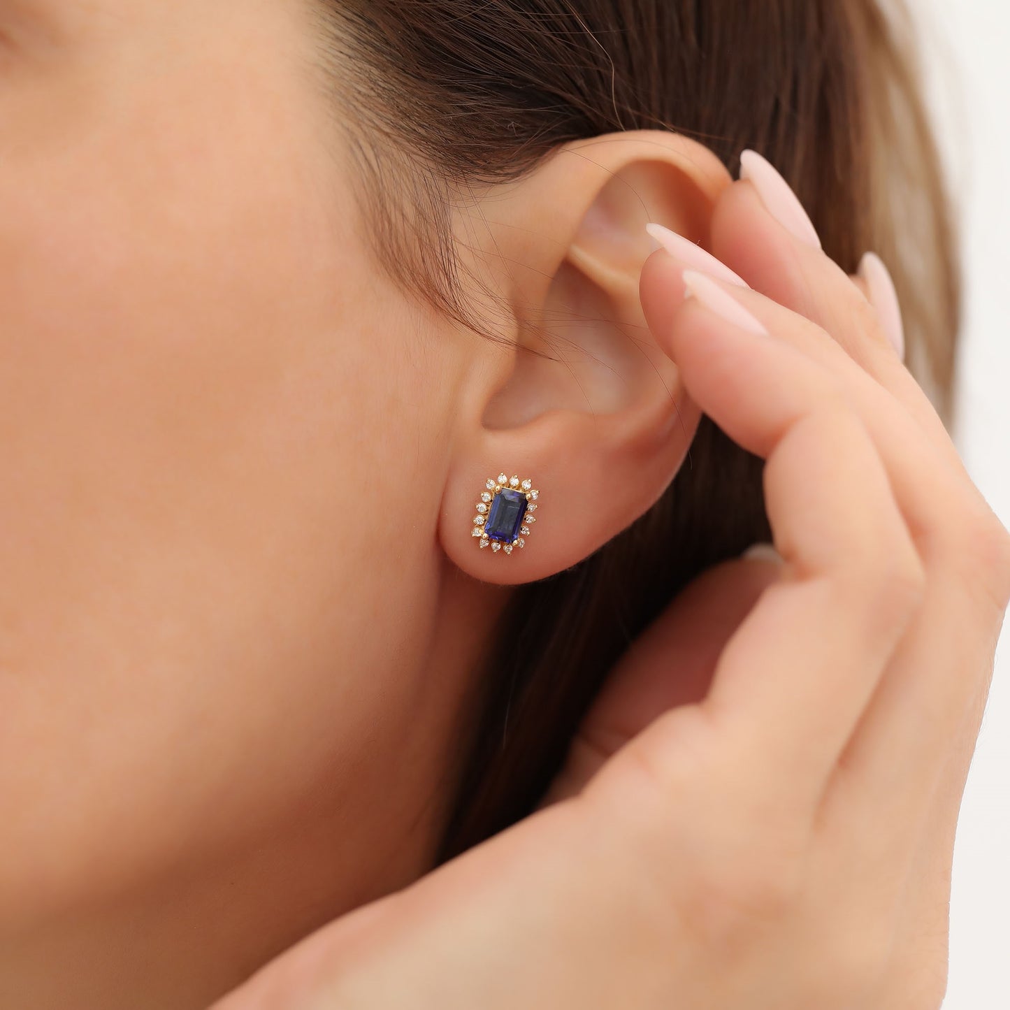Sapphire Rectangle Halo Stud Earrings surrounded by Real Diamonds in 10K/14K Solid Gold, September Birthstone Jewelry