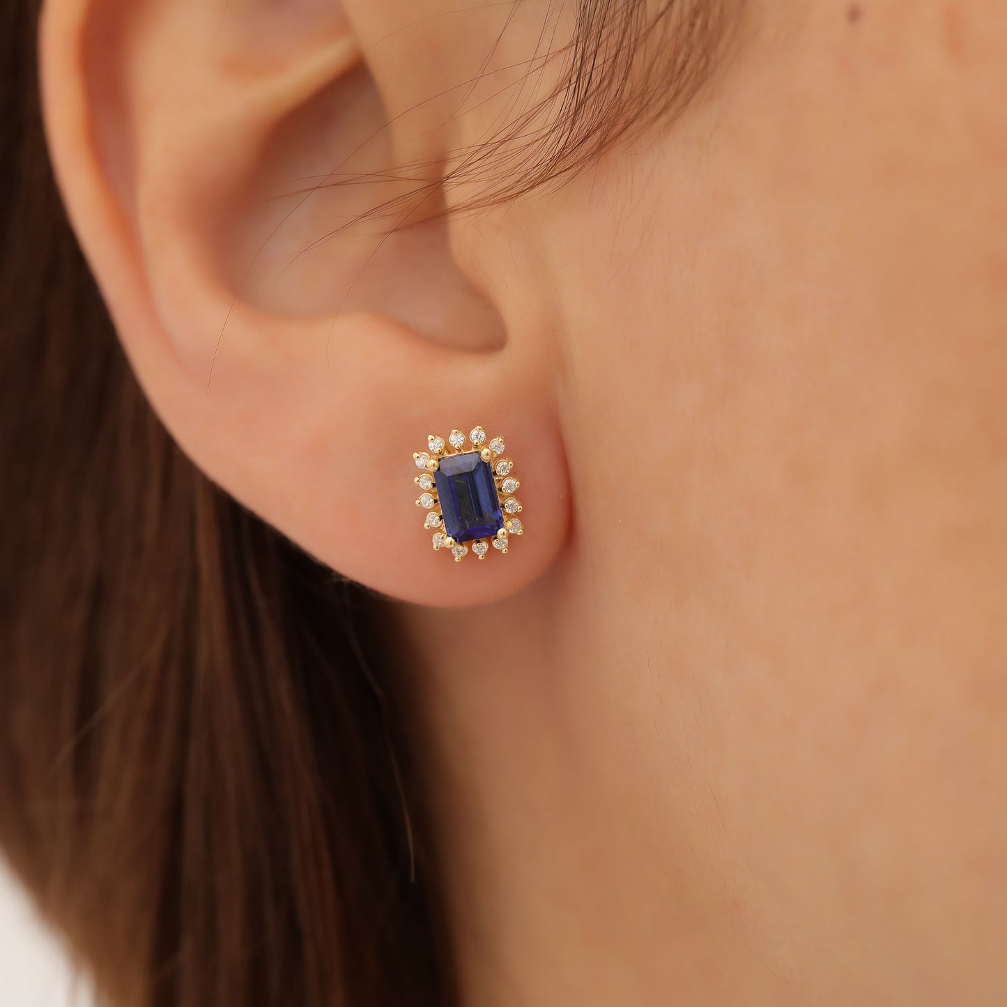 Sapphire Rectangle Halo Stud Earrings surrounded by Real Diamonds in 10K/14K Solid Gold, September Birthstone Jewelry