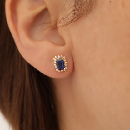 Sapphire Rectangle Halo Stud Earrings surrounded by Real Diamonds in 10K/14K Solid Gold, September Birthstone Jewelry