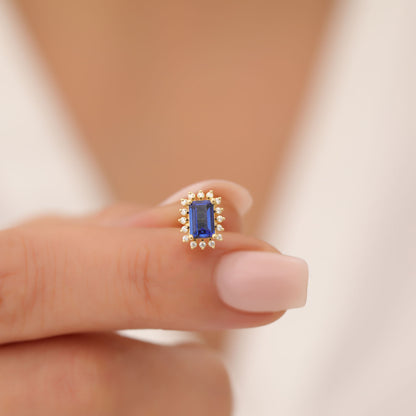 Sapphire Rectangle Halo Stud Earrings surrounded by Real Diamonds in 10K/14K Solid Gold, September Birthstone Jewelry