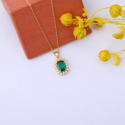Emerald Rectangle Necklace Surrounded by Real Diamonds in 14K Solid Gold, May Birthstone Jewelry Queen Jewelry Necklace