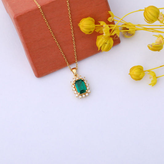 Emerald Rectangle Necklace Surrounded by Real Diamonds in 14K Solid Gold, May Birthstone Jewelry Queen Jewelry Necklace