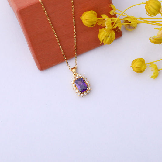 Amethyst Rectangle Necklace Surrounded by Real Diamonds in 14K Solid Gold, February Birthstone Jewelry Queen Jewelry Necklace