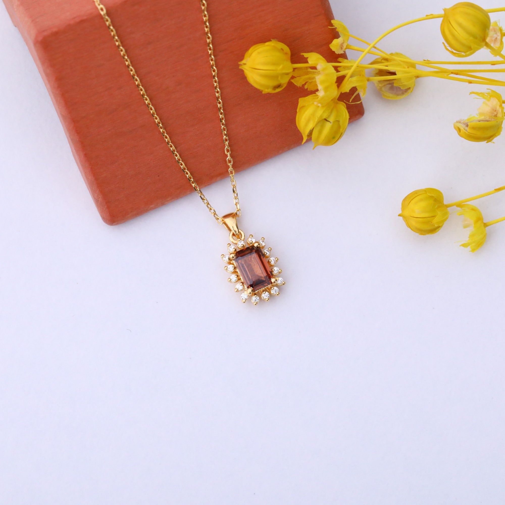 Smoky Quartz Rectangle Necklace Surrounded by Real Diamonds in 14K Solid Gold, Birthstone Jewelry Queen Jewelry Necklace