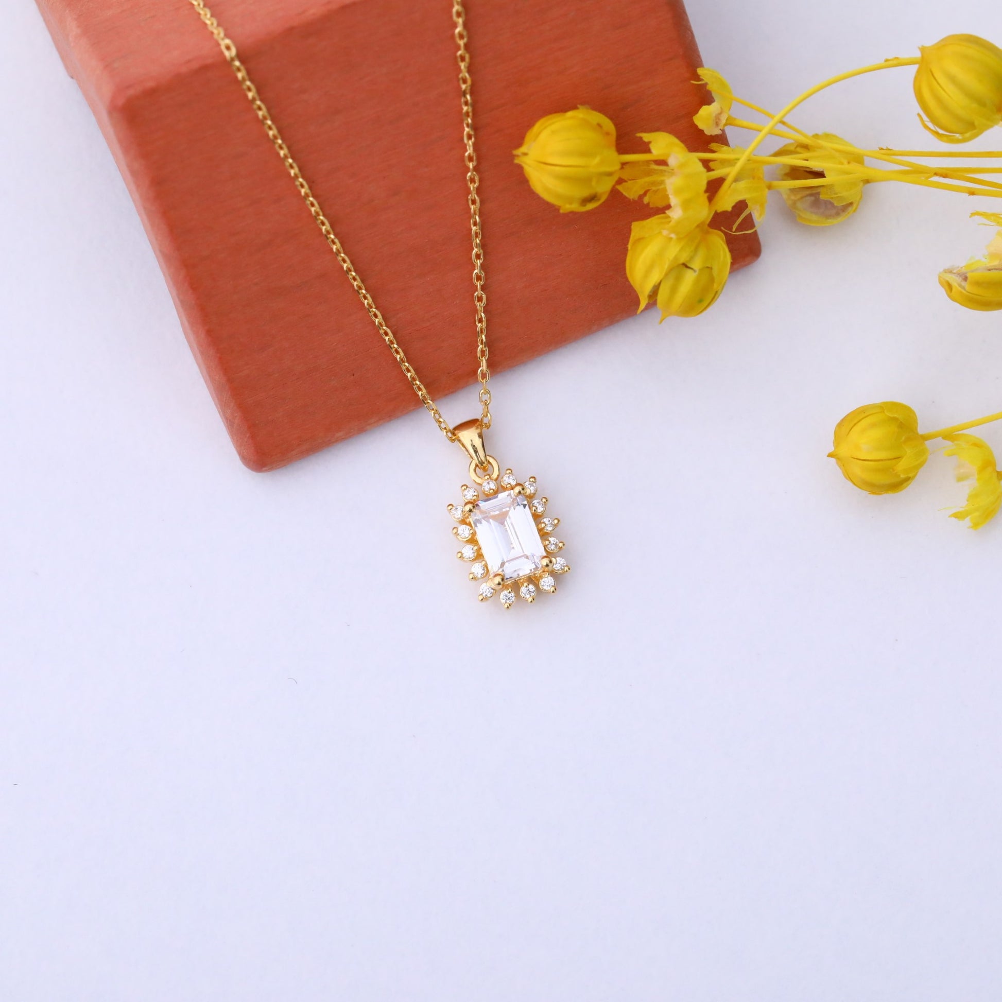 White Topaz Rectangle Necklace Surrounded by Real Diamonds in 14K Solid Gold, April Birthstone Jewelry Queen Jewelry Necklace