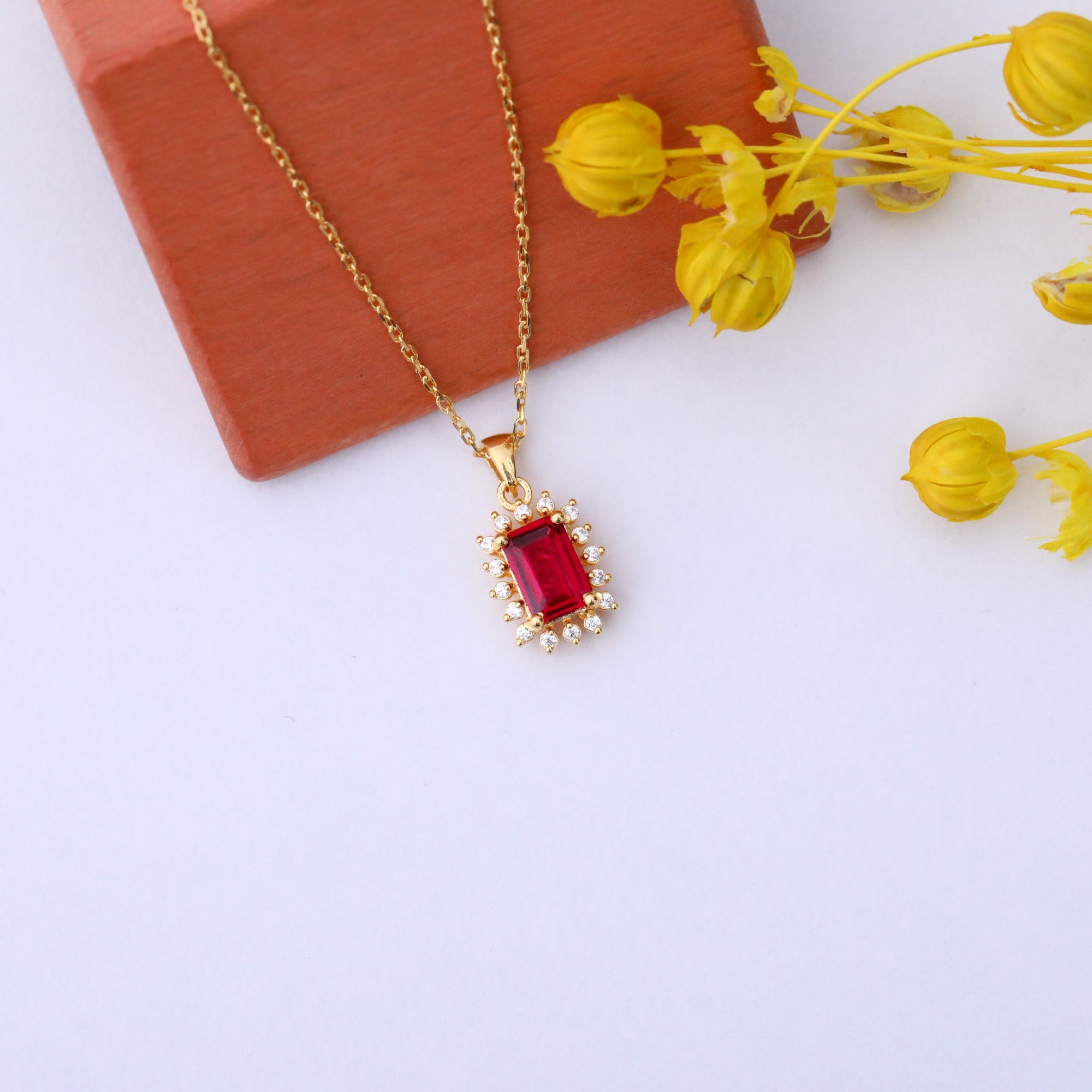Ruby Rectangle Necklace Surrounded by Real Diamonds in 14K Solid Gold, July Birthstone Jewelry Queen Jewelry Necklace