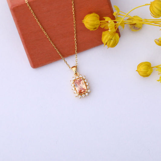 Citrine Rectangle Necklace Surrounded by Real Diamonds in 14K Solid Gold, November Birthstone Jewelry Queen Jewelry Necklace
