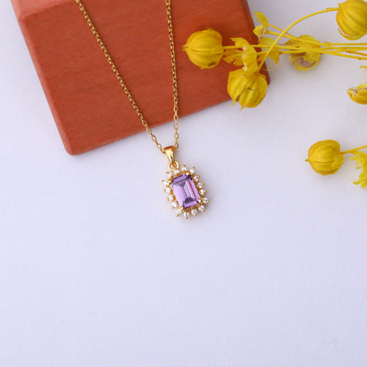 Alexandrite Rectangle Necklace Surrounded by Real Diamonds in 14K Solid Gold, June Birthstone Jewelry Queen Jewelry Necklace