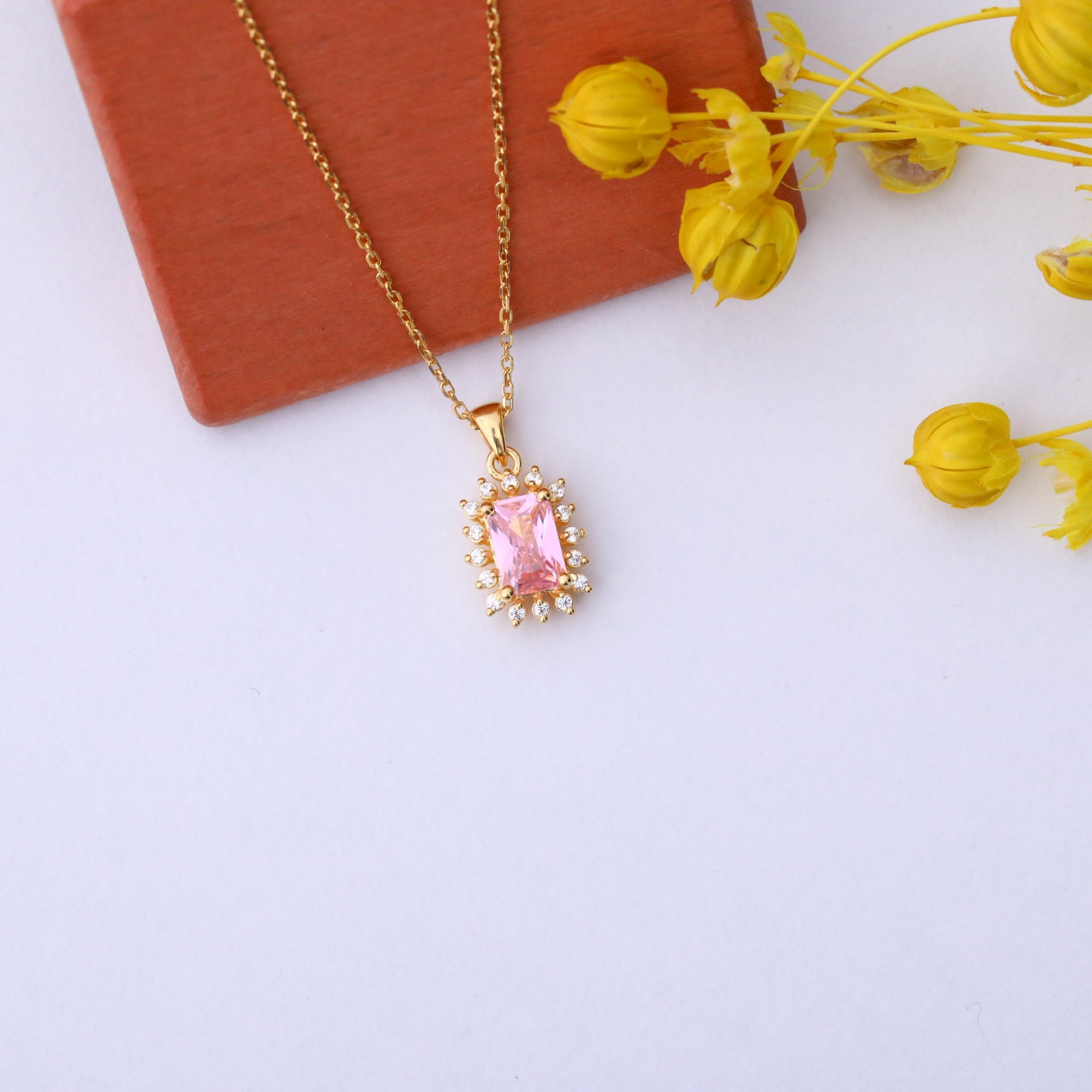 Pink Tourmaline Rectangle Necklace Surrounded by Real Diamonds in 14K Solid Gold, October Birthstone Jewelry Queen Jewelry Necklace
