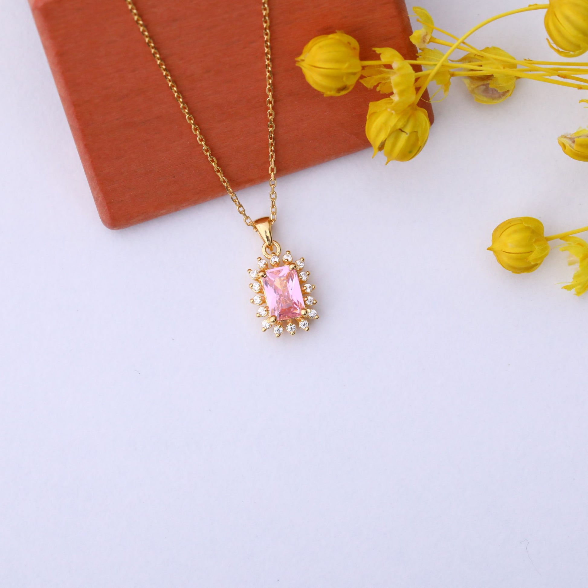 Pink Tourmaline Rectangle Necklace Surrounded by Real Diamonds in 14K Solid Gold, October Birthstone Jewelry Queen Jewelry Necklace