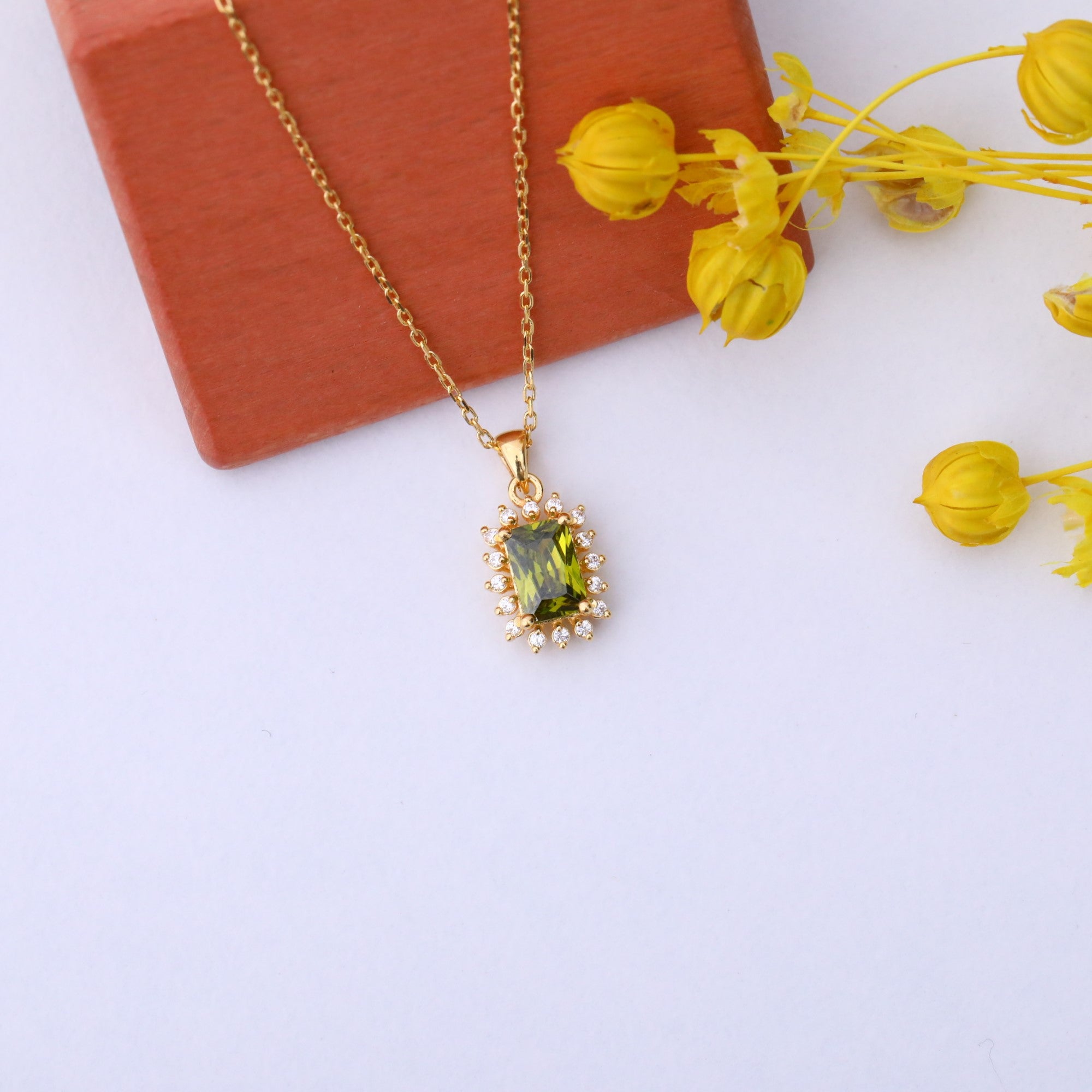 Peridot Rectangle Necklace Surrounded by Real Diamonds in 14K Solid Gold, August Birthstone Jewelry Queen Jewelry Necklace