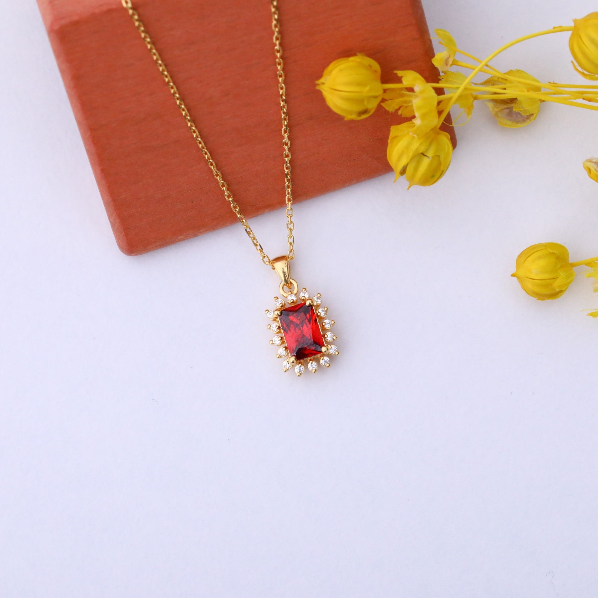 Garnet Rectangle Necklace Surrounded by Real Diamonds in 14K Solid Gold, January Birthstone Jewelry Queen Jewelry Necklace