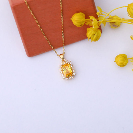 Yellow Topaz Rectangle Necklace Surrounded by Real Diamonds in 14K Solid Gold, Birthstone Jewelry Queen Jewelry Necklace