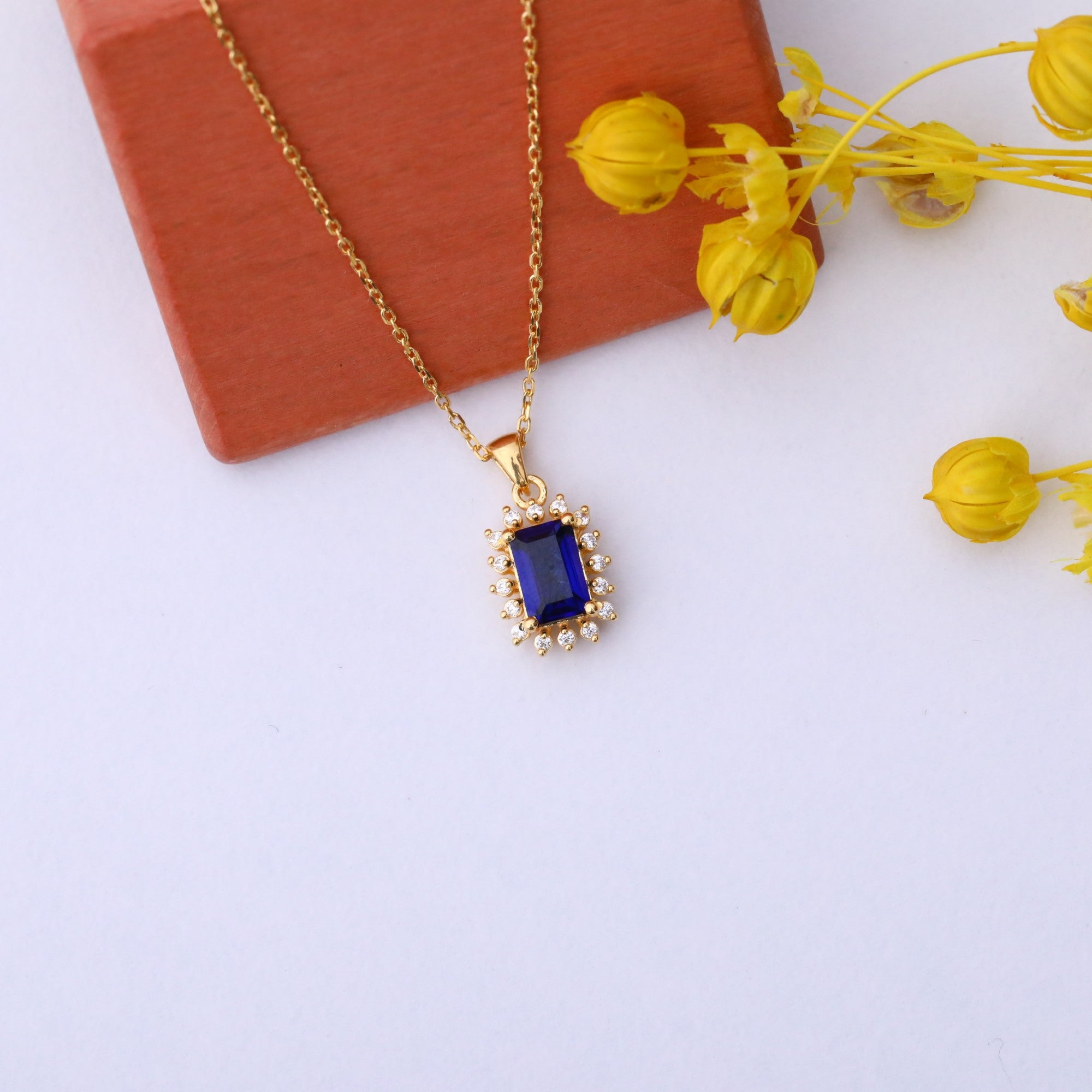 Sapphire Rectangle Necklace Surrounded by Real Diamonds in 14K Solid Gold, September Birthstone Jewelry Queen Jewelry Necklace