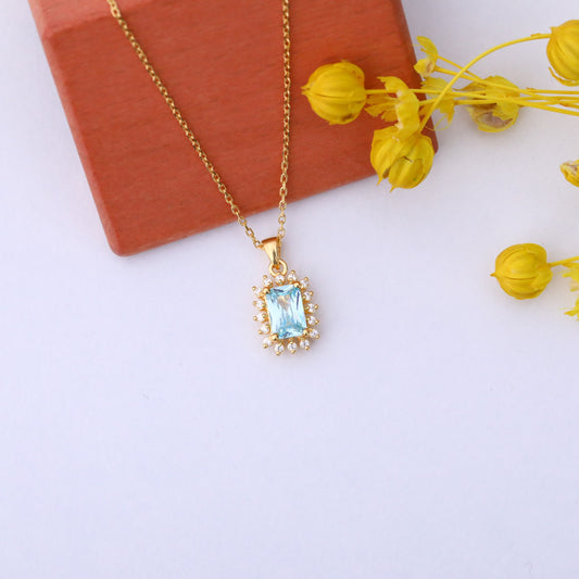 Aquamarine Rectangle Necklace Surrounded by Real Diamonds in 14K Solid Gold, March Birthstone Jewelry Queen Jewelry Necklace
