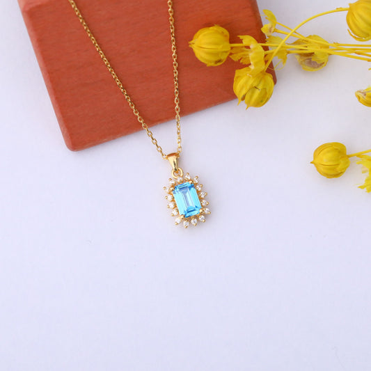Blue Topaz Rectangle Necklace Surrounded by Real Diamonds in 14K Solid Gold, December Birthstone Jewelry Queen Jewelry Necklace