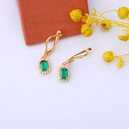 Emerald Rectangle Halo Dangling Earrings surrounded by Real Diamonds in 14K Solid Gold, May Birthstone Jewelry Queen Jewelry Earrings