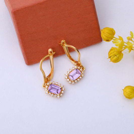 Alexandrite Rectangle Halo Dangling Earrings surrounded by Real Diamonds in 14K Solid Gold, June Birthstone Jewelry Queen Jewelry Earrings