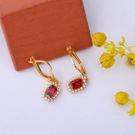 Garnet Rectangle Halo Dangling Earrings surrounded by Real Diamonds in 14K Solid Gold, January Birthstone Jewelry Queen Jewelry Earrings