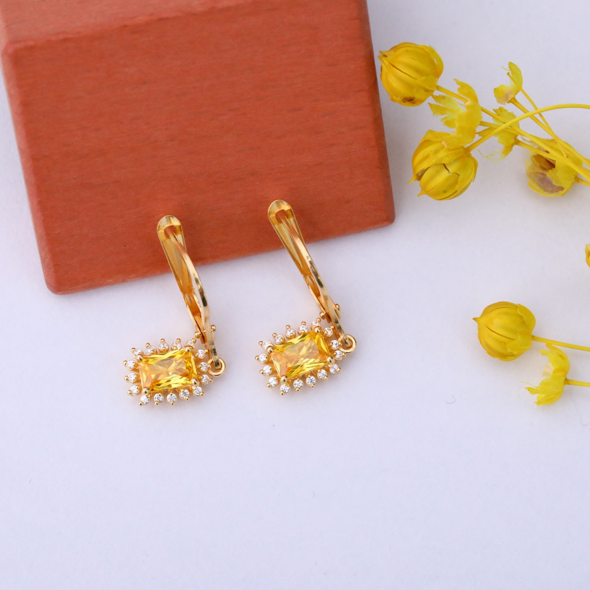 Yellow Topaz Rectangle Halo Dangling Earrings surrounded by Real Diamonds in 14K Solid Gold, Birthstone Jewelry Queen Jewelry Earrings