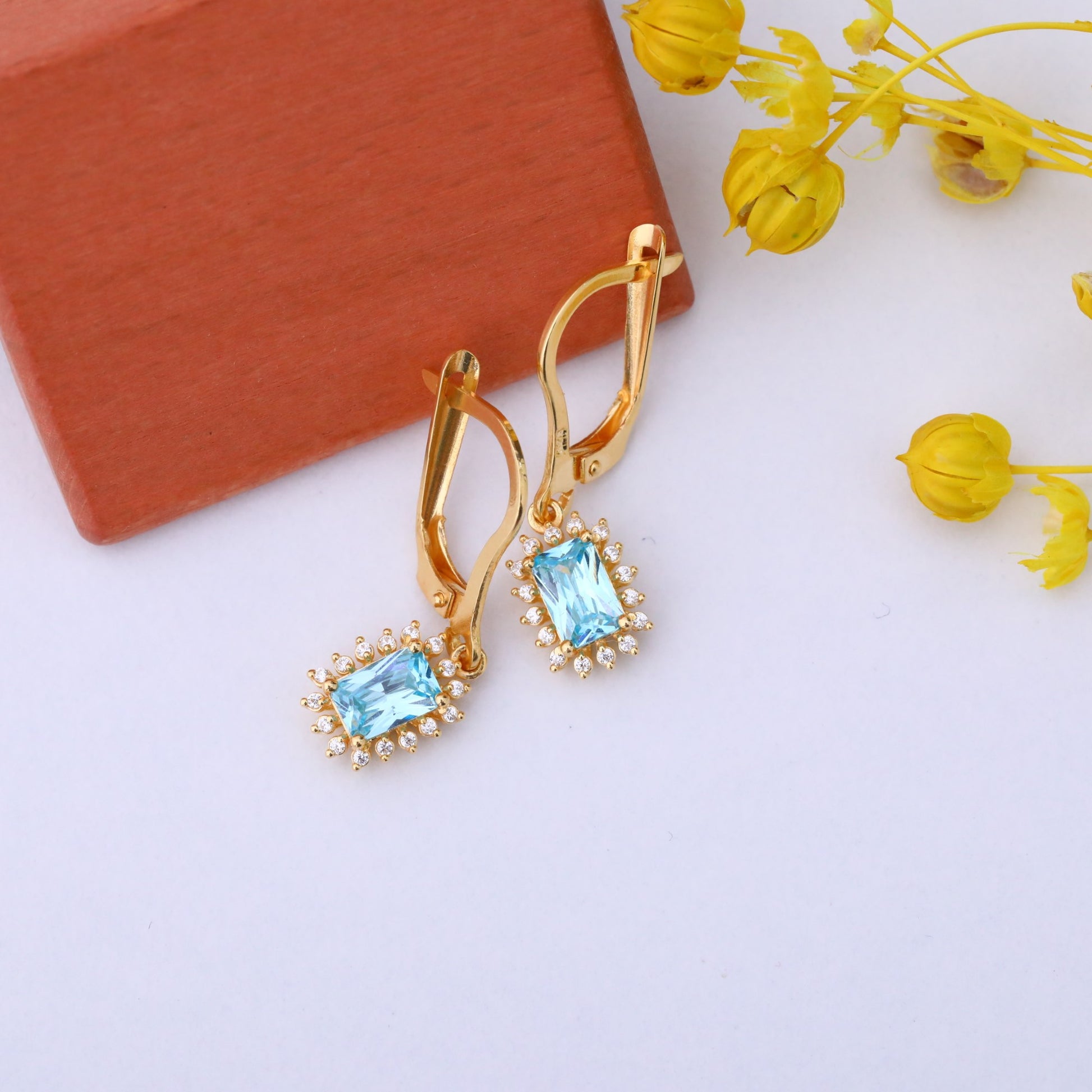 Aquamarine Rectangle Halo Dangling Earrings surrounded by Real Diamonds in 14K Solid Gold, March Birthstone Jewelry Queen Jewelry Earrings