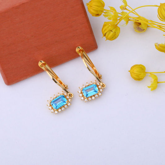 Blue Topaz Rectangle Halo Dangling Earrings surrounded by Real Diamonds in 14K Solid Gold, December Birthstone Jewelry Queen Jewelry Earrings