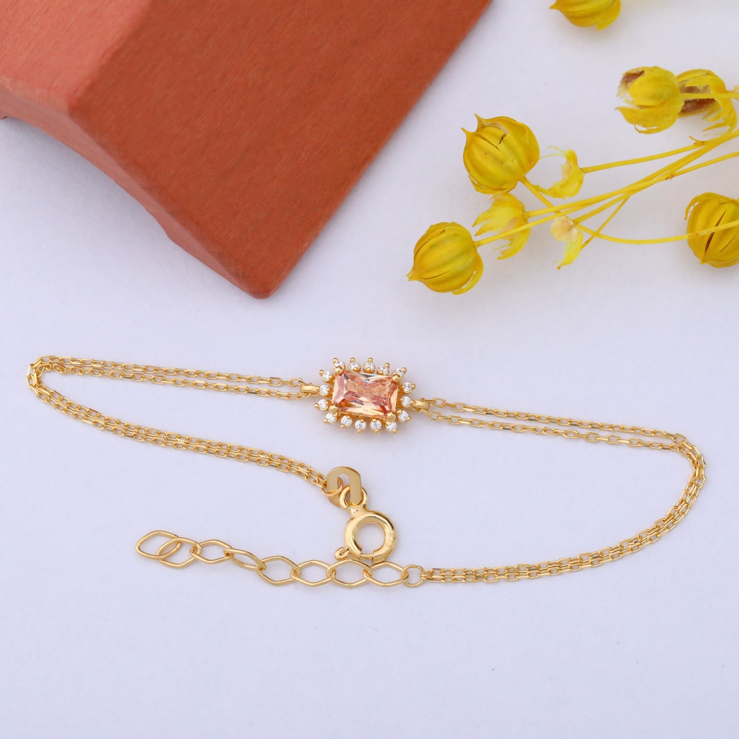Citrine Rectangle Bracelet surrounded by Real Diamonds in 14K Solid Gold, November BirthstoneJewelry Queen Jewelry Bracelet