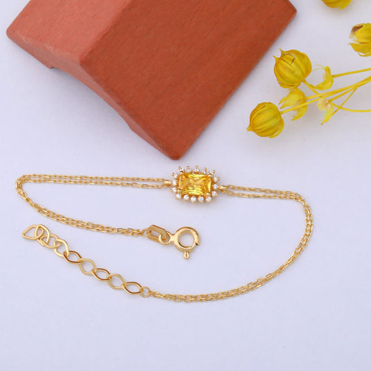 Yellow Topaz Rectangle Bracelet surrounded by Real Diamonds in 14K Solid Gold, Birthstone Jewelry Queen Jewelry Bracelet