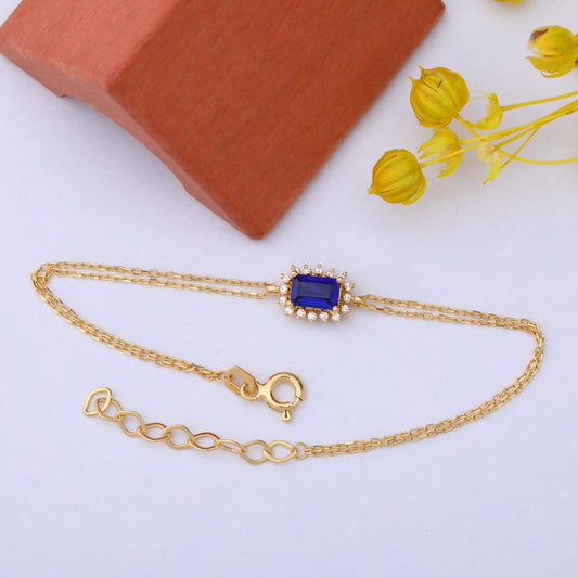 Sapphire Rectangle Bracelet surrounded by Real Diamonds in 14K Solid Gold, September Birthstone Jewelry Queen Jewelry Bracelet