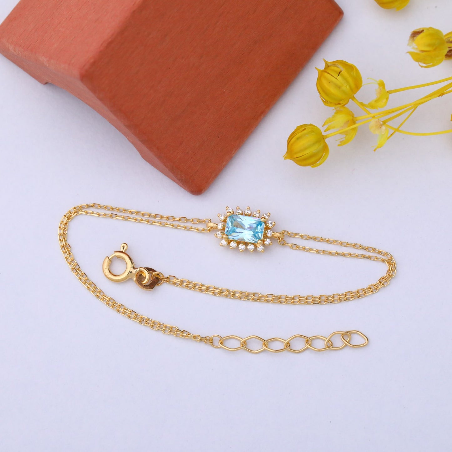 Aquamarine Rectangle Bracelet surrounded by Real Diamonds in 14K Solid Gold, March Birthstone Jewelry Queen Jewelry Bracelet