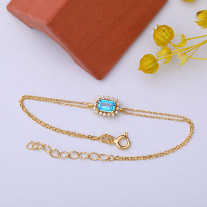 Blue Topaz Rectangle Bracelet surrounded by Real Diamonds in 14K Solid Gold, December Birthstone Jewelry Queen Jewelry Bracelet