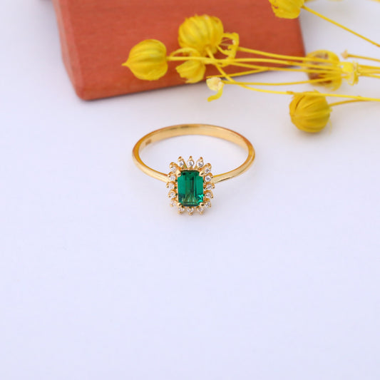 Emerald Rectangle Ring Surrounded by Real Diamonds in 14K Solid Gold, May Birthstone Jewelry Queen Jewelry Rings